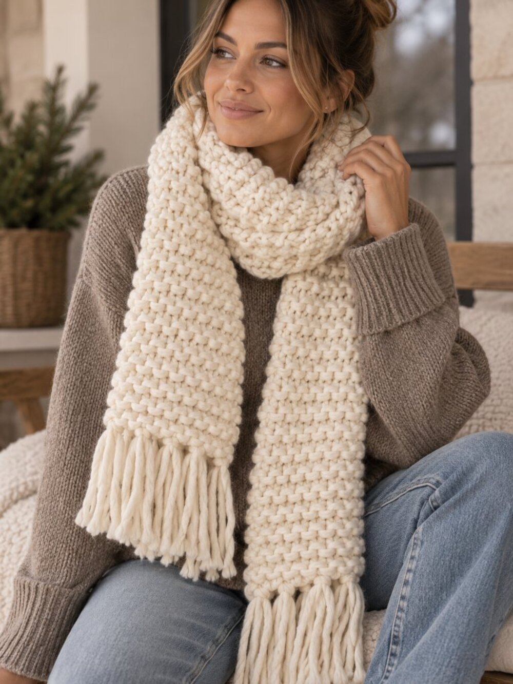 678 - Love & Lore Cream Chunky Knit Scarf Oversized Fringe Cozy Boho